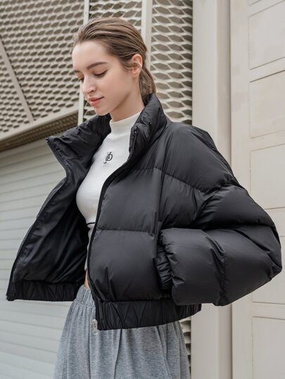 DAZY Funnel Collar Zipper Front Crop Puffer Thick Pockets Coat ,Winter Women Clothes,Winter Coat Women Jacket