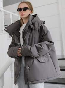 SHEIN COLDBREAK Solid Zip Up Hooded Padded Coat - Grey - View 1