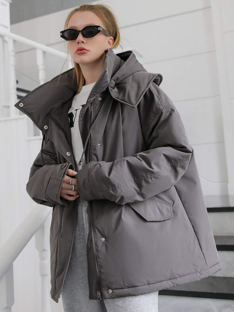 SHEIN COLDBREAK Solid Zip Up Hooded Padded Coat - Grey - View 1