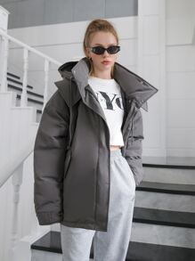 SHEIN COLDBREAK Solid Zip Up Hooded Padded Coat - Grey - View 2