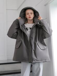 SHEIN COLDBREAK Solid Zip Up Hooded Padded Coat - Grey - View 3