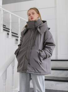 SHEIN COLDBREAK Solid Zip Up Hooded Padded Coat - Grey - View 6