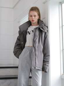 SHEIN COLDBREAK Solid Zip Up Hooded Padded Coat - Grey - View 8