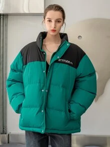 SHEIN COLDBREAK 字母刺绣拼色拉链前衬垫棉服外套衣服冬季 - 綠色 - 查看 3