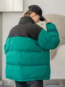 SHEIN COLDBREAK 字母刺绣拼色拉链前衬垫棉服外套衣服冬季 - 綠色 - 查看 2