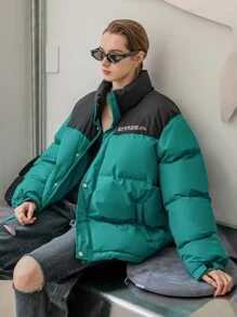 SHEIN COLDBREAK 字母刺绣拼色拉链前衬垫棉服外套衣服冬季 - 綠色 - 查看 4