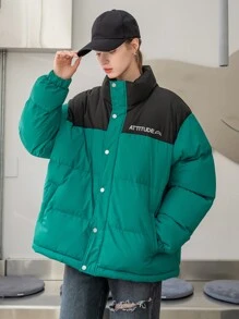 SHEIN COLDBREAK 字母刺绣拼色拉链前衬垫棉服外套衣服冬季 - 綠色 - 查看 5