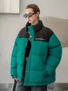 SHEIN COLDBREAK 字母刺绣拼色拉链前衬垫棉服外套衣服冬季 - 綠色 - 查看 1