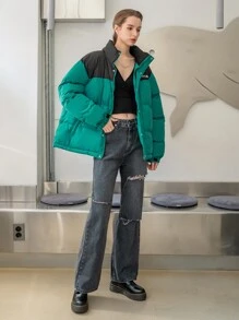 SHEIN COLDBREAK 字母刺绣拼色拉链前衬垫棉服外套衣服冬季 - 綠色 - 查看 6