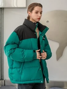 SHEIN COLDBREAK 字母刺绣拼色拉链前衬垫棉服外套衣服冬季 - 綠色 - 查看 7