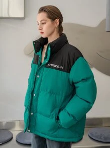 SHEIN COLDBREAK 字母刺绣拼色拉链前衬垫棉服外套衣服冬季 - 綠色 - 查看 8