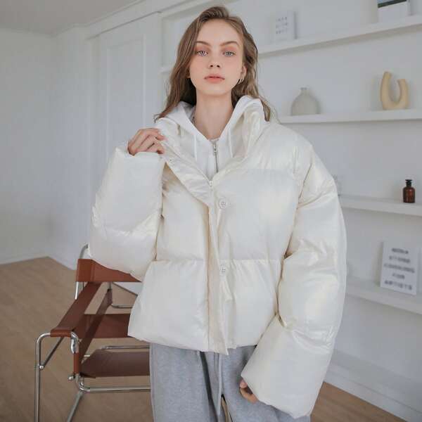 

Drop Shoulder Zip Up Puffer Coat, White