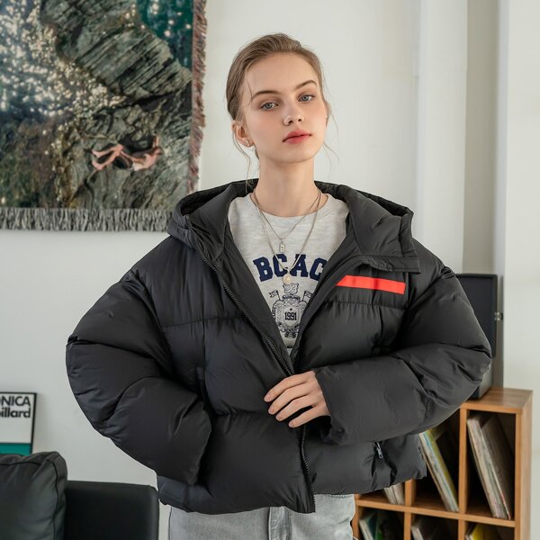 

Contrast Tape Zip Front Hooded Puffer Coat, Black