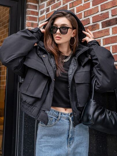 DAZY 纯色翻盖口袋连帽冬季口袋外套，冬季女装，冬季外套女式夹克