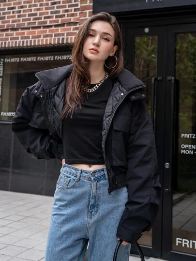 DAZY 纯色翻盖口袋连帽冬季口袋外套，冬季女装，冬季外套女式夹克