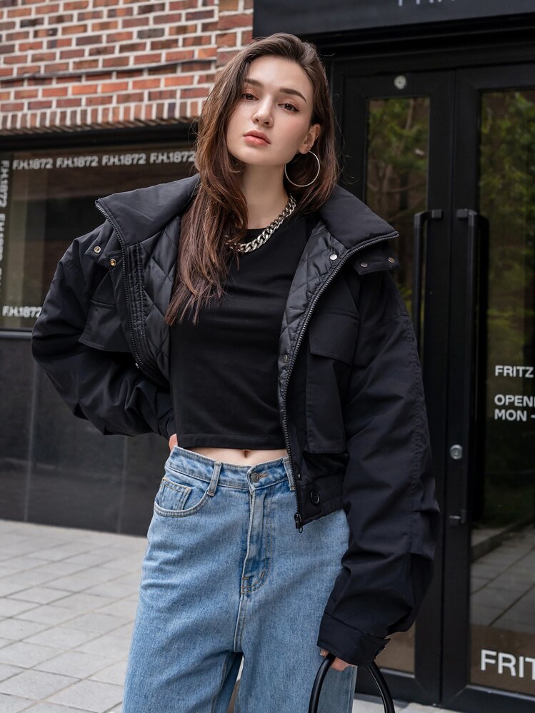 DAZY 纯色翻盖口袋连帽冬季口袋外套，冬季女装，冬季外套女式夹克 - 黑色 - 查看 4