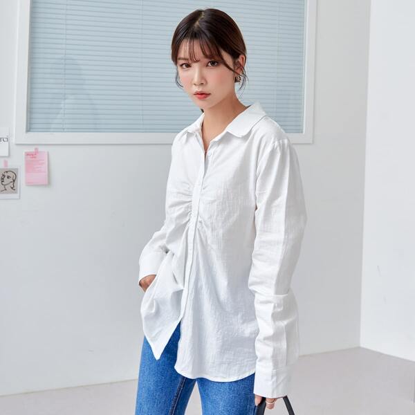 

Solid Ruched Button Front Blouse, White