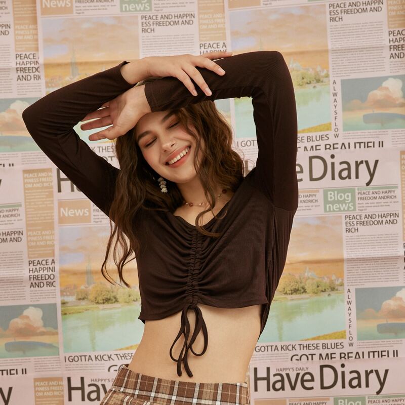 

Solid Drawstring Ruched Crop Tee & Plaid Pleated Skirt, Multicolor