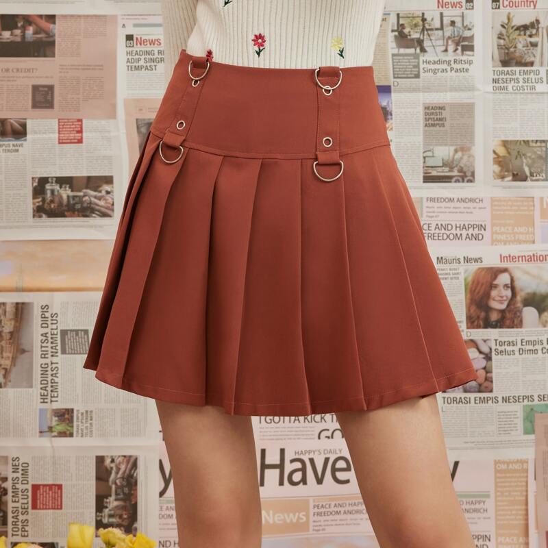 

Solid Ring Pleated Skirt, Red