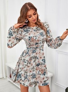 SHEIN Frenchy Floral Print Puff Sleeve Ruched Waist Dress - Multicolor - View 1