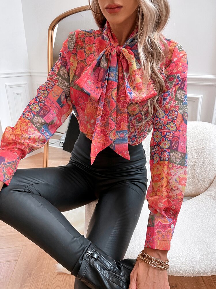 Aveloria Patchwork Print Blouson Sleeve Tie Neck Blouse - Multicolor - View 1