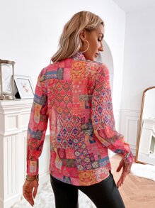 GENKIRA 色塊拼接圖案燈籠袖繫帶領襯衫 - 彩色 - 查看 2