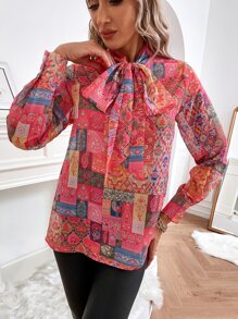GENKIRA 色塊拼接圖案燈籠袖繫帶領襯衫 - 彩色 - 查看 4