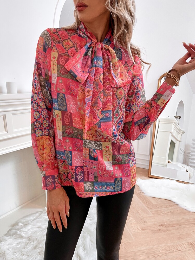 Aveloria Patchwork Print Blouson Sleeve Tie Neck Blouse - Multicolor - View 6