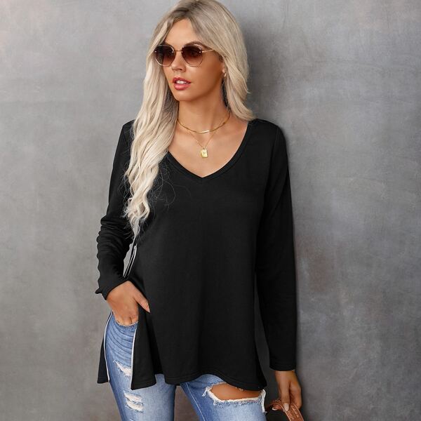 

V Neck Zip Side Tee, Black