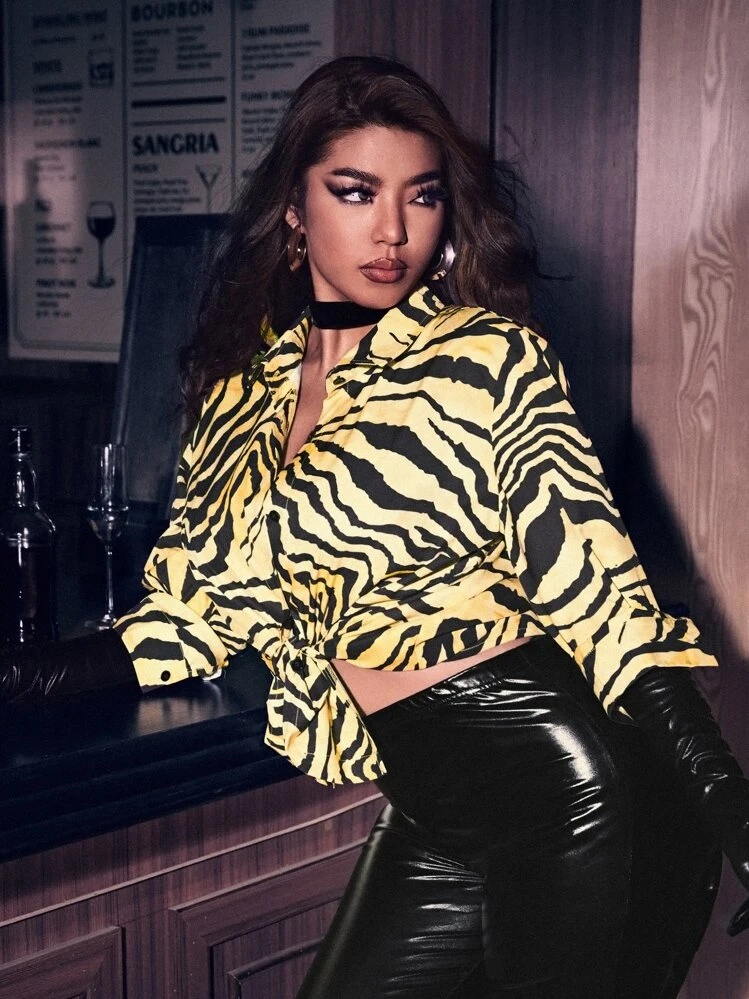 Bluzki Rozmiar Plus Przód z Guzikami Pasy Zebry Codzienny - Wielokolorowe - Zobacz 1