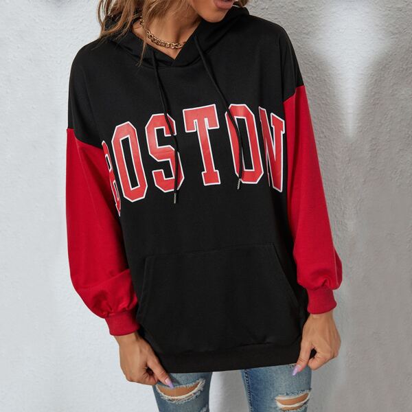 

Color Block And Letter Graphic Kangaroo Pocket Drawstring Hoodie, Multicolor