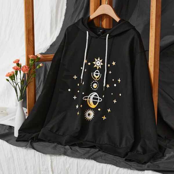 

Plus Sun And Moon Print Drawstring Hoodie, Black