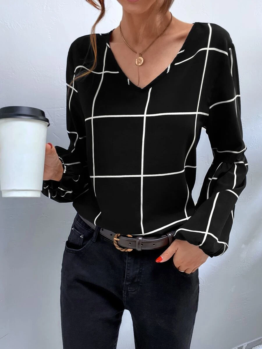 SHEIN Unity Plaid V-Neck Blouse - Black - View 1
