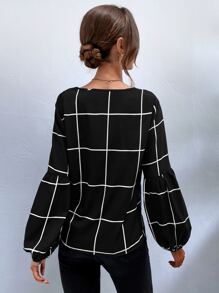 SHEIN Unity Plaid V-Neck Blouse - Black - View 2