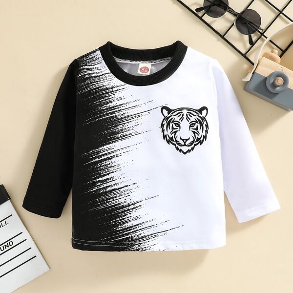 

Baby Tiger & Brush Print Top, Black and white