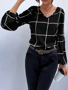 SHEIN Unity Plaid V-Neck Blouse - Black - View 3