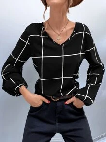 SHEIN Unity Plaid V-Neck Blouse - Black - View 4