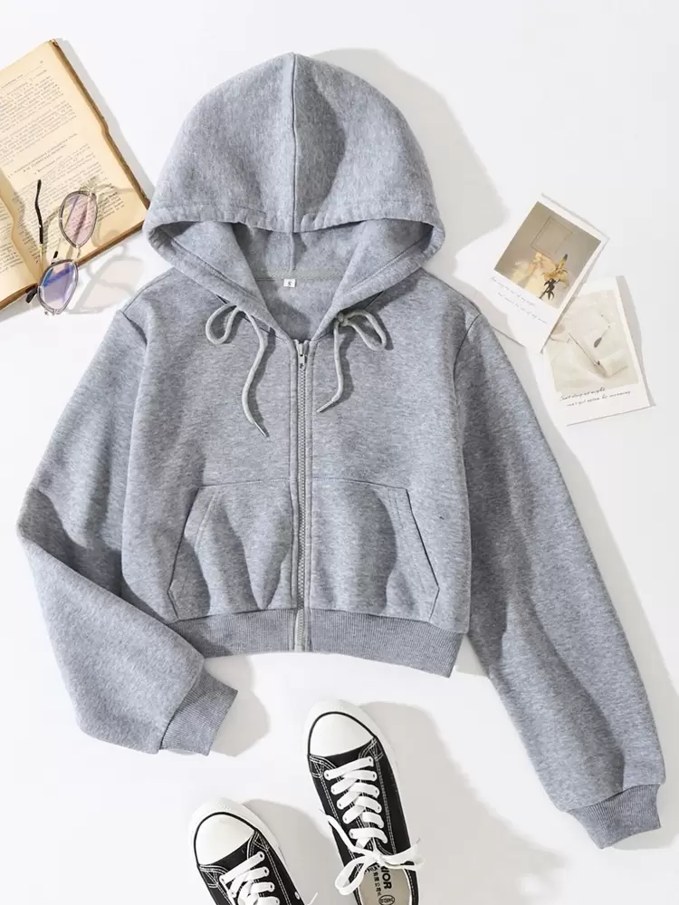 Solid Drawstring Zip Up Crop Thermal Hoodie