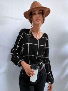 SHEIN Unity Plaid V-Neck Blouse - Black - View 5