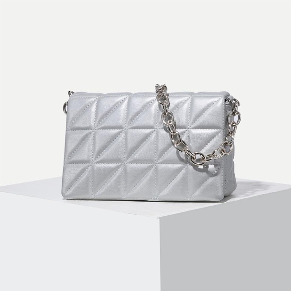 

Quilted Pattern Chain Square Bag, Silver