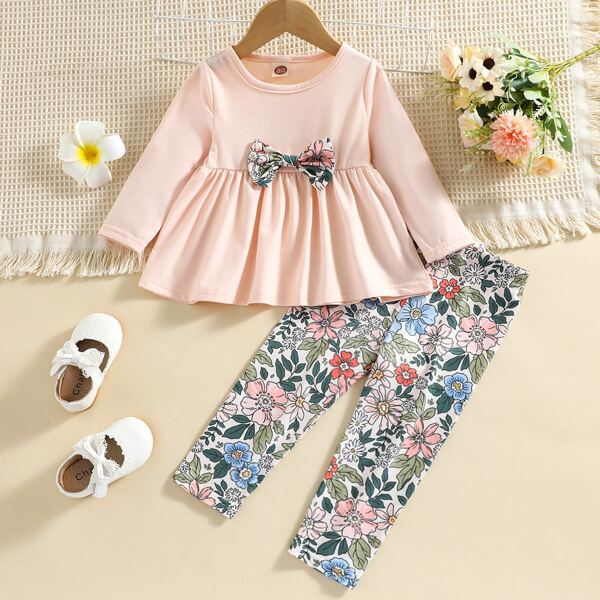 

Baby Floral Print Bow Front Smock Top & Leggings, Multicolor