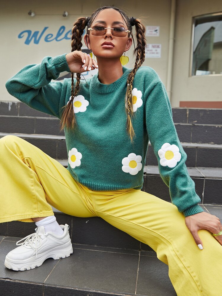 SHEIN ドロップショルダー 花柄 セーター - ダークグリーン - 見る 1