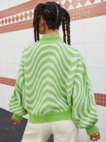 SHEIN EZwear 小高領波浪條紋圖案蝙蝠袖毛衣 - 彩色 - 查看 2