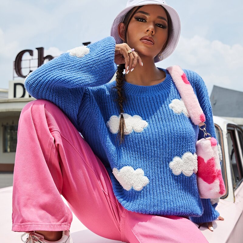 

Cloud Pattern Drop Shoulder Sweater, Blue