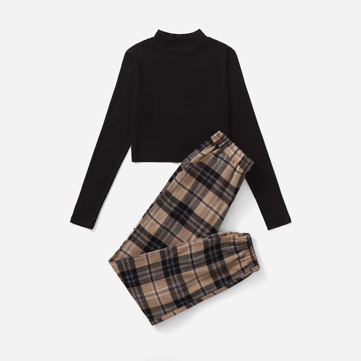 

Solid Ribbed Tee & Plaid Print Pants, Multicolor