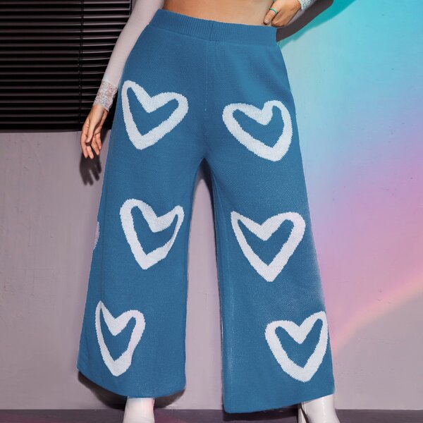 

Plus Heart Pattern Wide Leg Knit Pants, Blue