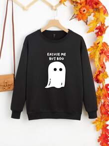 Plus Ghost And Slogan Graphic Sweatshirt - Black - View 1