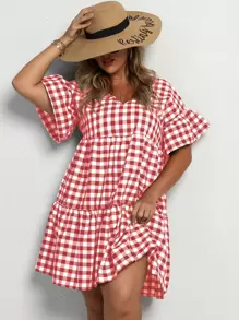 Calvaya 大碼格紋荷葉邊袖荷葉邊下擺連衣裙 - 紅白色 - 查看 1