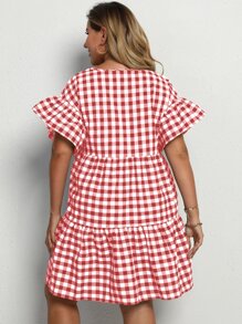 Calvaya 大碼格紋荷葉邊袖荷葉邊下擺連衣裙 - 紅白色 - 查看 2