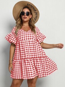 Calvaya 大碼格紋荷葉邊袖荷葉邊下擺連衣裙 - 紅白色 - 查看 3